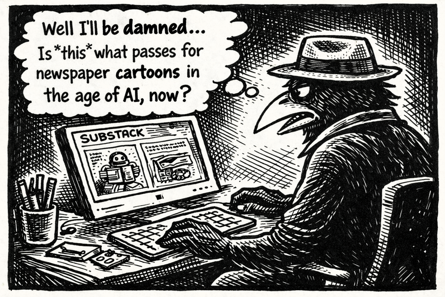 crow joe in the age of ai comic - crow joe is at his desktop looking at the cartoon section of substack and is not impressed. 'well i''ll be damned is this what passes for newspaper cartoons in the age of ai now?'  where does a single panel newspaper style comic like crow joe in the age of ai belong in the modern age? the author nathan croson is using v4v decentralized distribution for crow joe